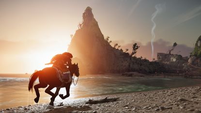 Atsu rides a horse along the coast in Ghost of Yotei