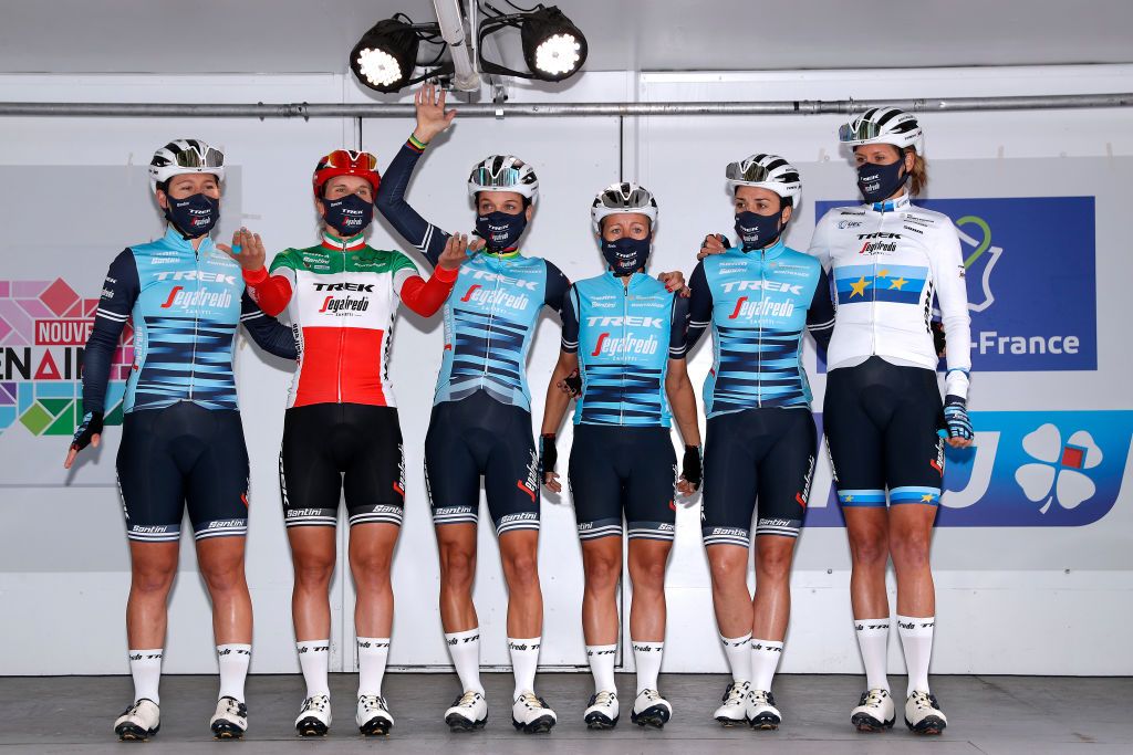 ROUBAIX FRANCE OCTOBER 02 Ellen Van Dijk of Netherlands Audrey CordonRagot of France Elisabeth DeignanArmitstead of United Kingdom Lauretta Hanson of Australia Elisa Longo Borghini of Italy Trixi Worrack of Germany and Team Trek Segafredo during the team presentation prior to the 1st ParisRoubaix 2021 Womens Elite a 1164km race from Denain to Roubaix ParisRoubaixFemmes ParisRoubaix on October 02 2021 in Roubaix France Photo by Bas CzerwinskiGetty Images