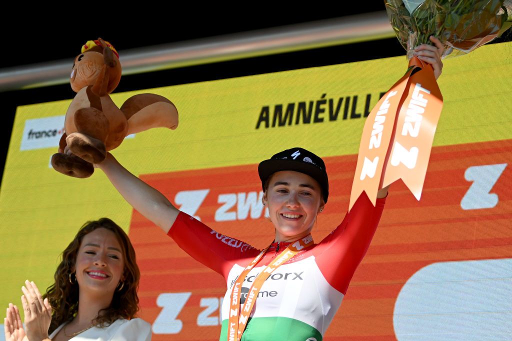 AMNEVILLE FRANCE AUGUST 15 Blanka Vas of Hungary and Team SD Worx Protime celebrates at podium as stage winner during the 3rd Tour de France Femmes 2024 Stage 5 a 1522km stage from Bastogne to Amneville UCIWWT on August 15 2024 in Amneville France Photo by Dario BelingheriGetty Images