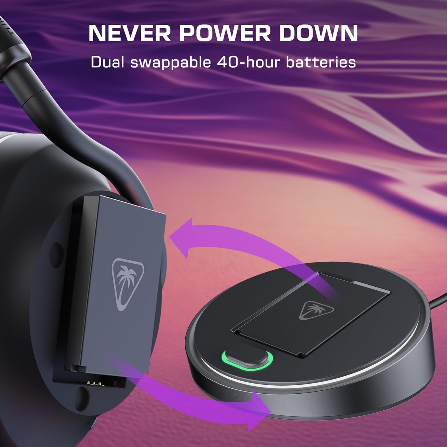 Close-up of a device showing a swappable 40-hour battery being inserted. Text reads "Never Power Down." Background features a purple gradient.