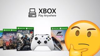 Xbox Play Anywhere with a thinking emoji 