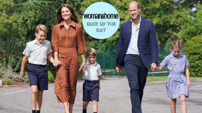 Prince George, Princess Charlotte and Prince Louis, accompanied by Prince William and Catherine arrive for a settling in afternoon at Lambrook School, with a W&H quiz of the day roundel over the top