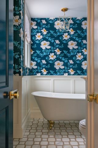 Bathroom papered in Matilija Moonlight wallpaper, Lake August at The Fabric Collective
