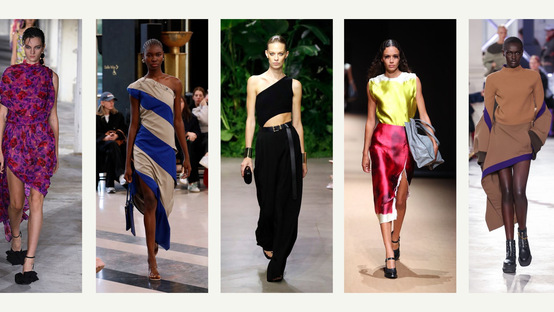 A composite of models on the runway showing fashion trends 2023 asymmetric lines