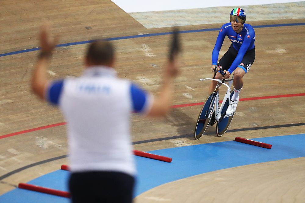 Filippo Ganna of Italy celebrates winning the gold medal in the Men's individual pursuit final on day three of the UCI Track Cycling World Championships