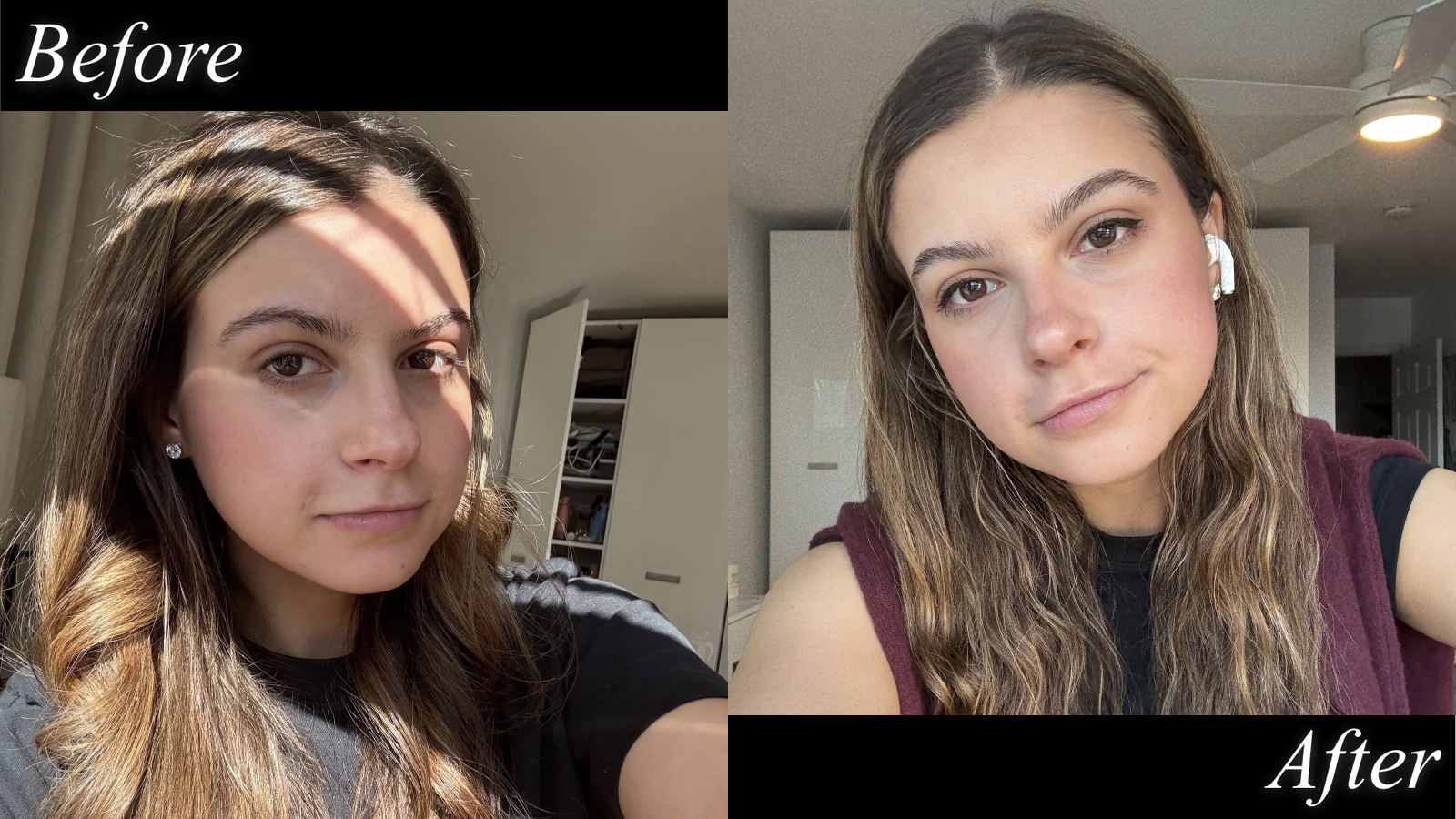 A girl with long brown hair and a black shirt and a girl with wavy brown hair and a maroon top