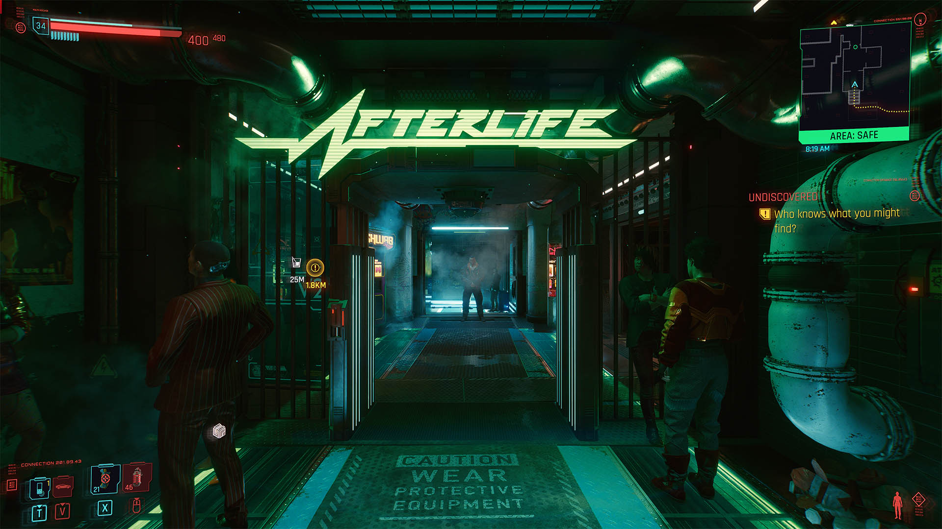 Cyberpunk screenshots of the in-game club, Afterlife, with various in-game settings enabled
