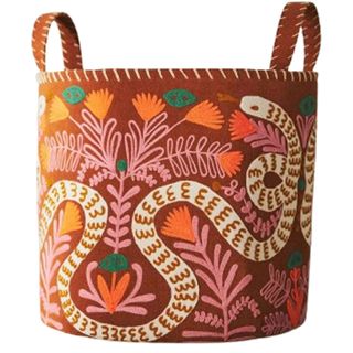 red embroidered snake design fabric storage bin