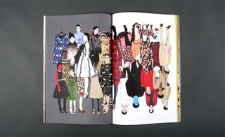 Centre spread of the Prada AW 2010/11 lookbook, featuring a collage of the menswear and womenswear