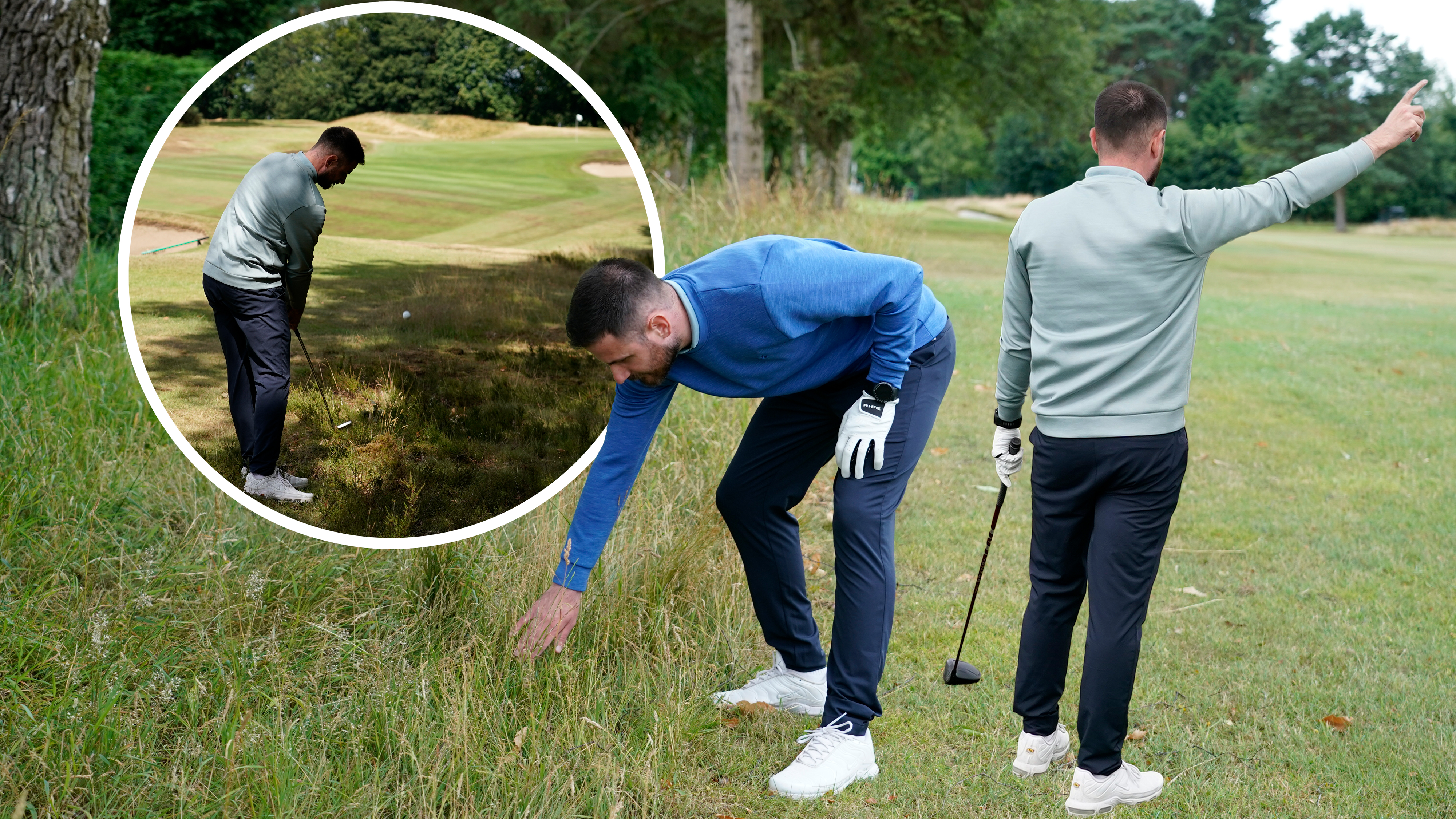 Baz Plummer looking for a golf ball in long rough, pointing right to indicate his tee shot going out of bounds and hitting an iron shot from an undesirable location