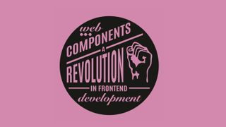 A black circle on a pink background that reads &#039;Web components: a revolution in frontend development&#039;.