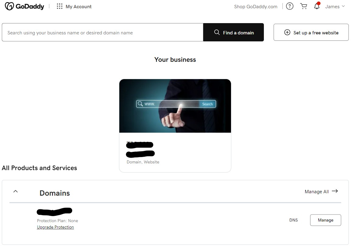 GoDaddy domain dashboard