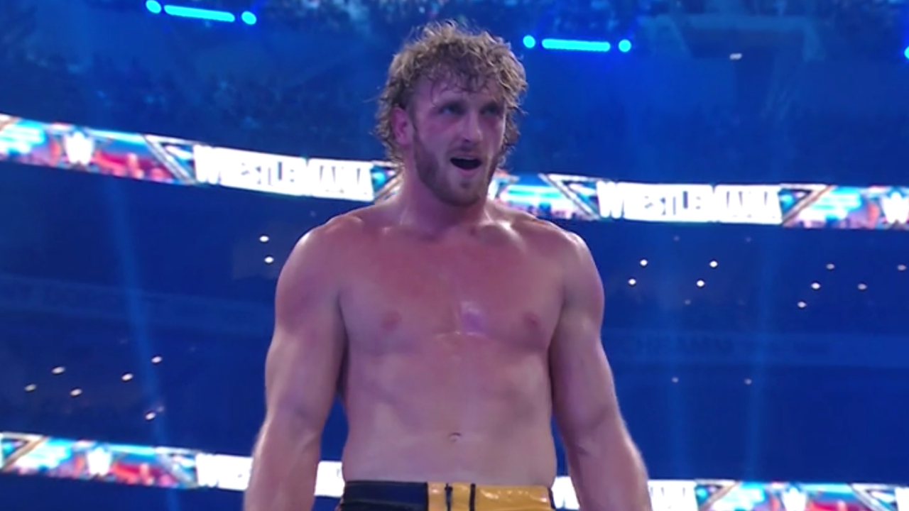 Logan Paul on the top rope at WrestleMania 38