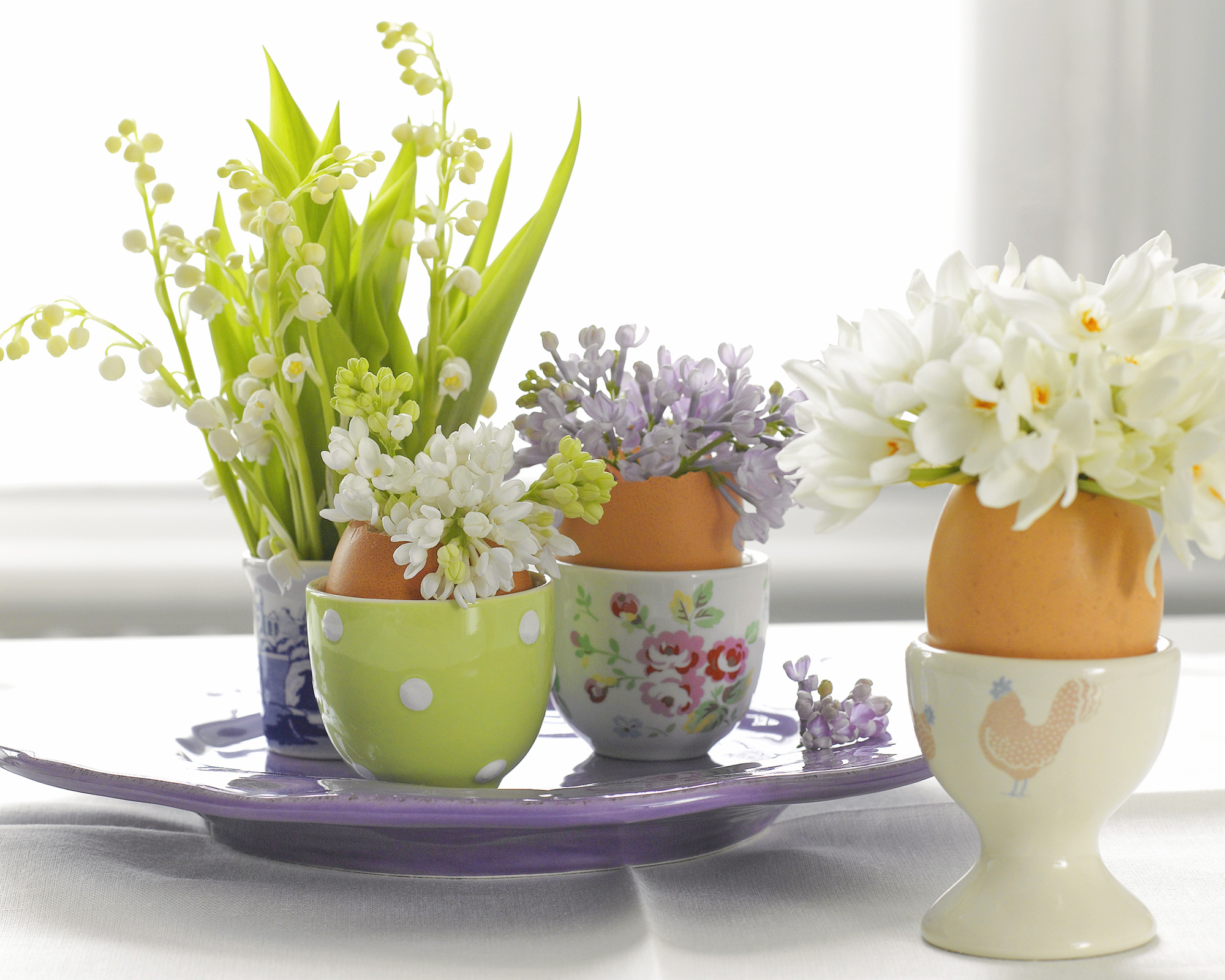 Eggs in egg cups filled with spring flowers