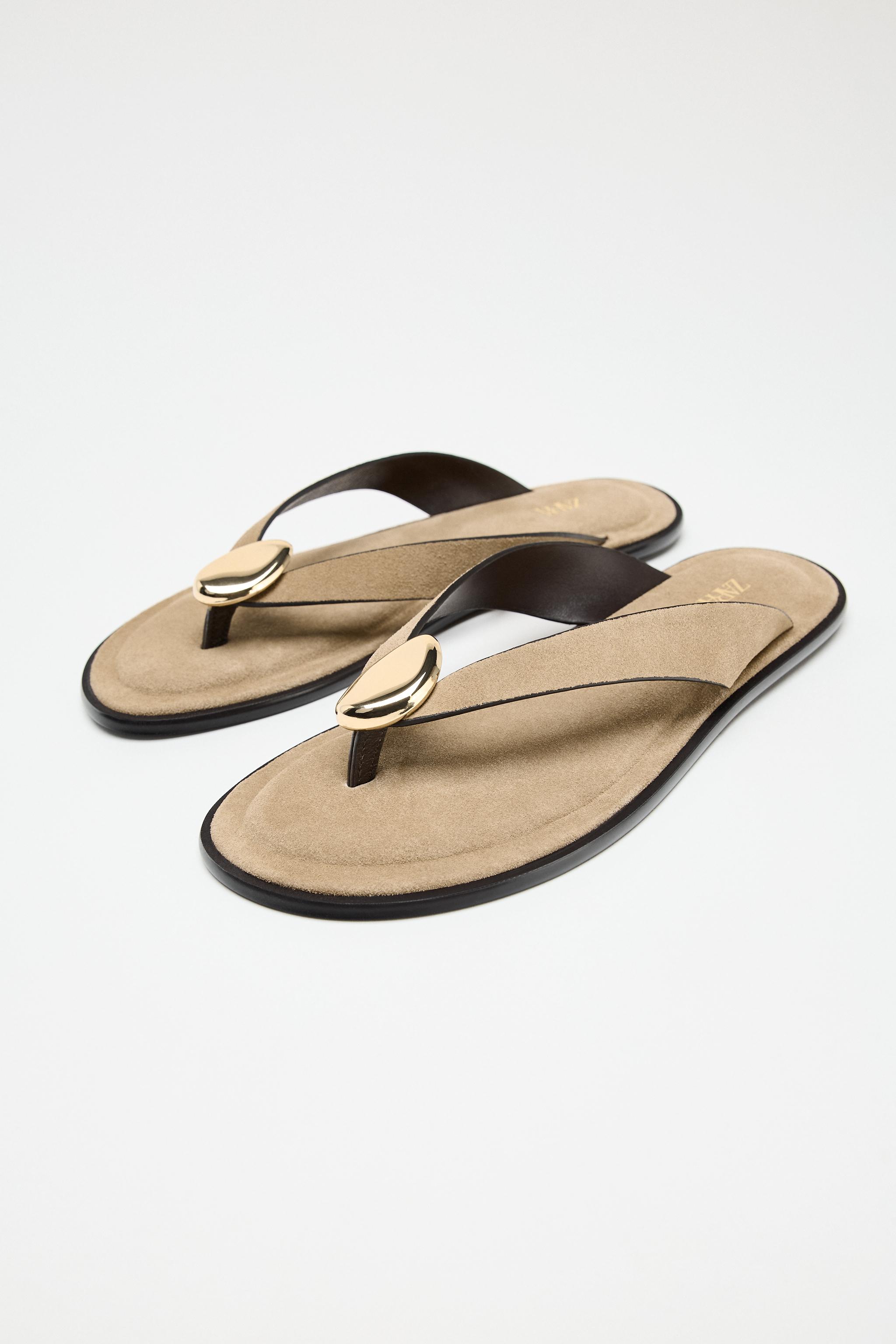 ZARA Flat Suede Sandals With Metallic Ornament