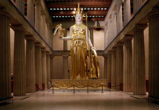 The re-creation of the 42-foot statue Athena in the Parthenon replica built in Centenial Park, Nashville.