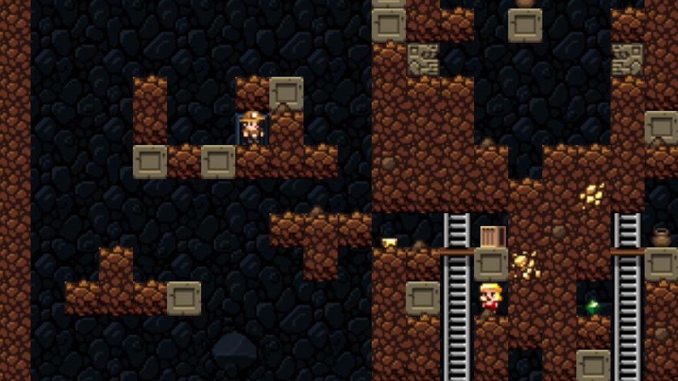 A small male spelunker in a 2D dungeon