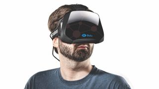 A person wearing an Oculus Rift headset.
