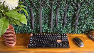 Keychron K8 HE flanked by a vase and a mouse