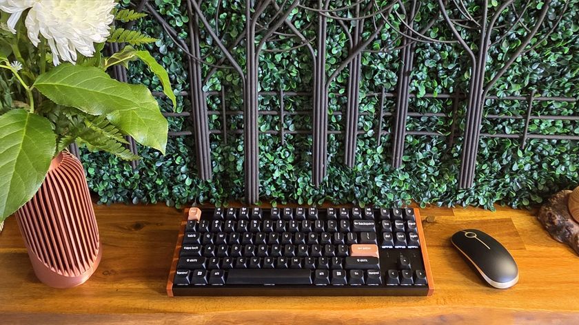 Keychron K8 HE flanked by a vase and a mouse