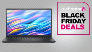 A Dell 15 laptop against a gray TechRadar Black Friday deals background
