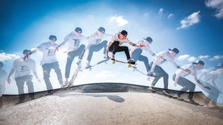 Montage of a skateboarder performing a jump trick at a skate park