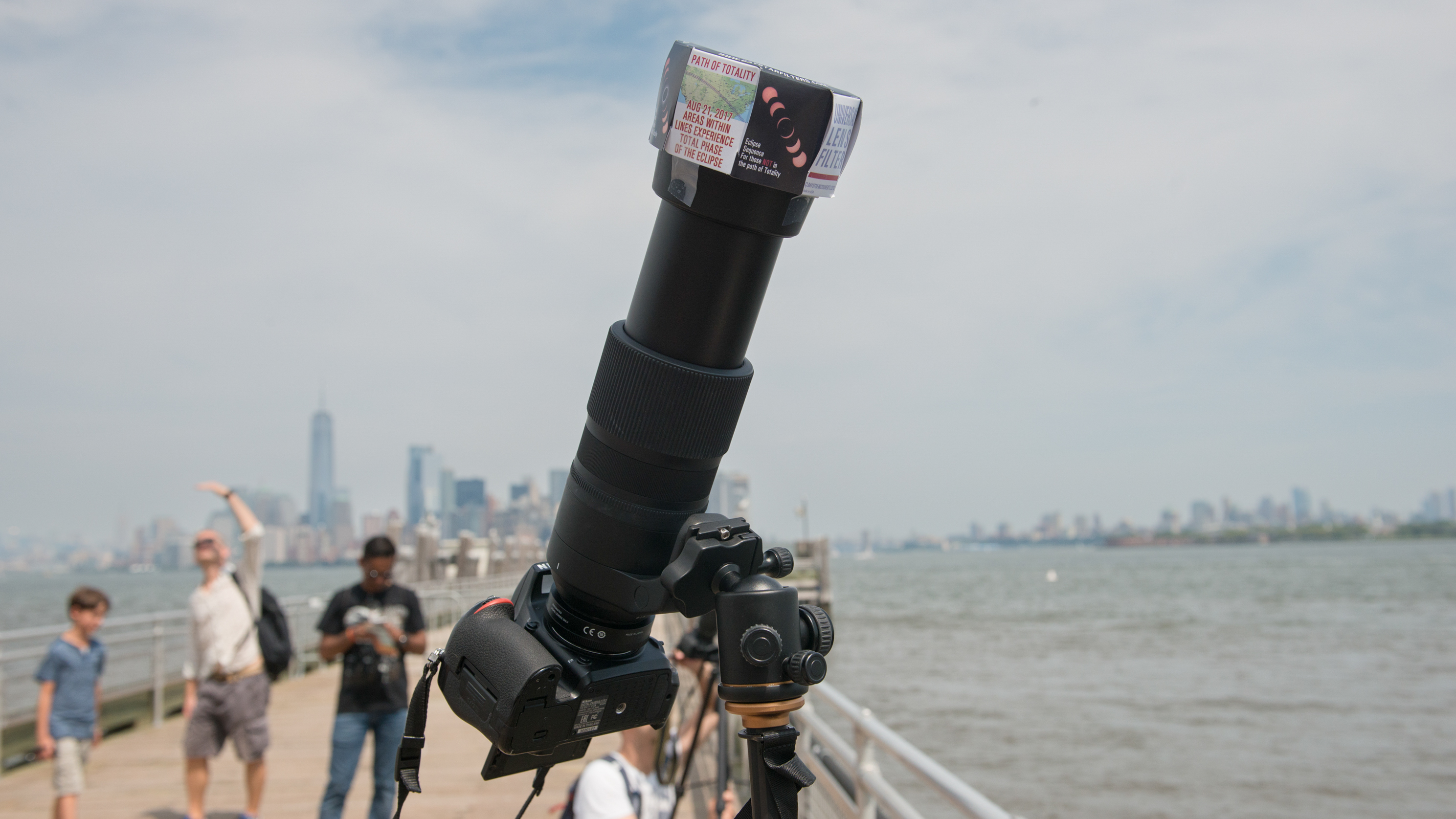 A DSLR camera with a zoom lens and a solar filter is seen on August 21, 2017 in New York City. (Photo by Noam Galai/WireImage)