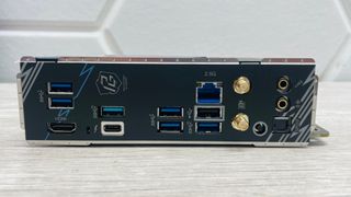 A photo of the rear IO panel of the ASRock B860i Lightning motherboard