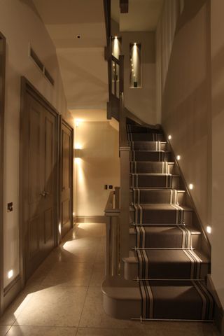 lit staircase in hallway with staircase carpet runner