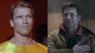 Arnold Schwarzenegger and Glen Powell in their respective version of The Running Man