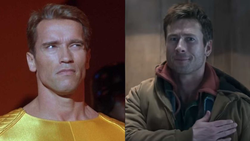 Arnold Schwarzenegger and Glen Powell in their respective version of The Running Man