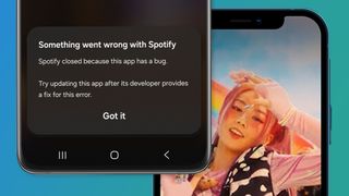 Two phones on a blue and green background showing a Spotify error message and album cover