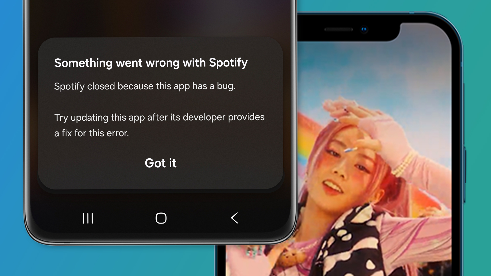 Two phones on a blue and green background showing a Spotify error message and album cover