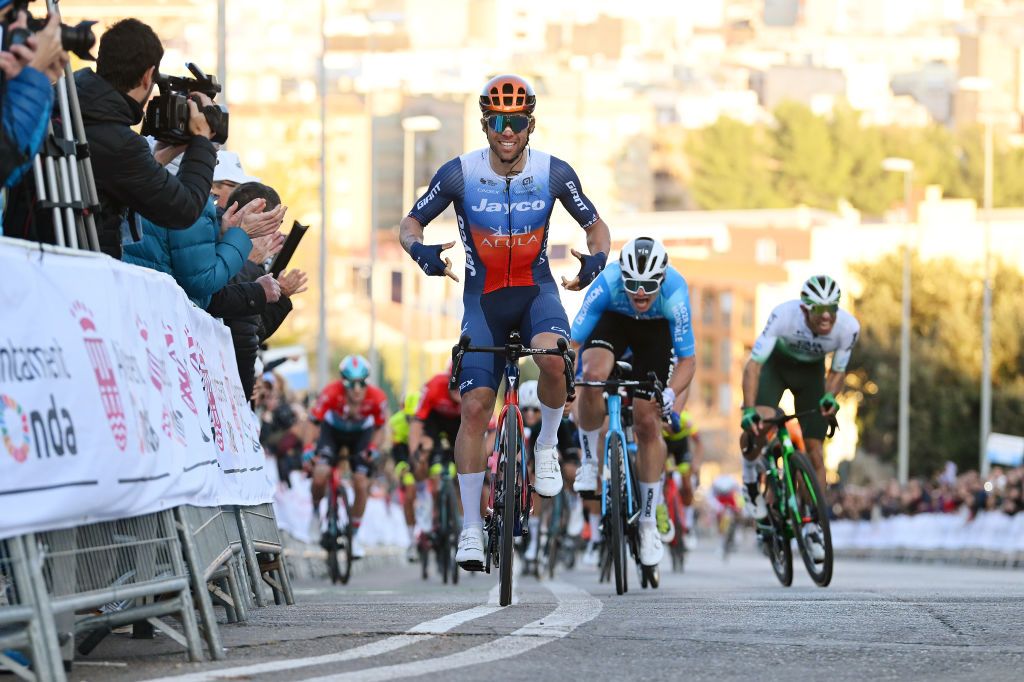 ONDA SPAIN JANUARY 21 Michael Matthews of Australia and Team Jayco AlUla celebrates at finish line as race winner ahead of Pierre Gautherat of France and Decathlon AG2R La Mondiale Team during the 1st Gran Premio Castellon Ruta de la Ceramica 2024 a 1739km one day race from Castellon to Onda on January 21 2024 in Onda Spain Photo by Dario BelingheriGetty Images