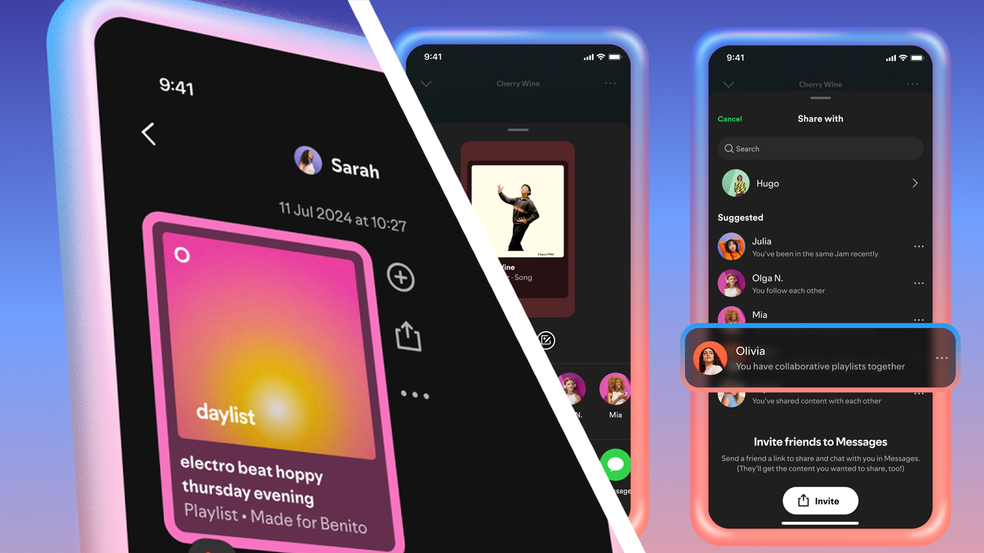 Several phones on a blue and link background showing the Spotify Messages feature