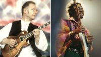A composite image of Robert Fripp and Jimi Hendrix