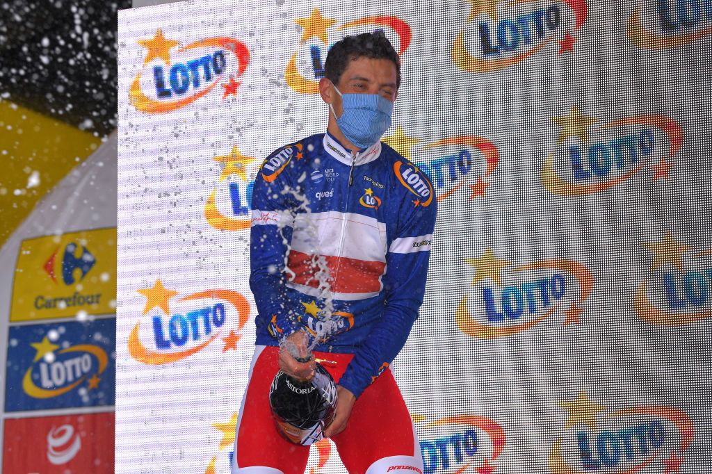 KRAKOW POLAND AUGUST 09 Podium Maciej Paterski of Poland and Team Poland Blue Most Active Rider Jersey Celebration Champagne during the 77th Tour of Poland 2020 Stage 5 a 188km stage from Zakopane to Krakow TourdePologne tdp20 on August 09 2020 in Krakow Poland Photo by Luc ClaessenGetty Images