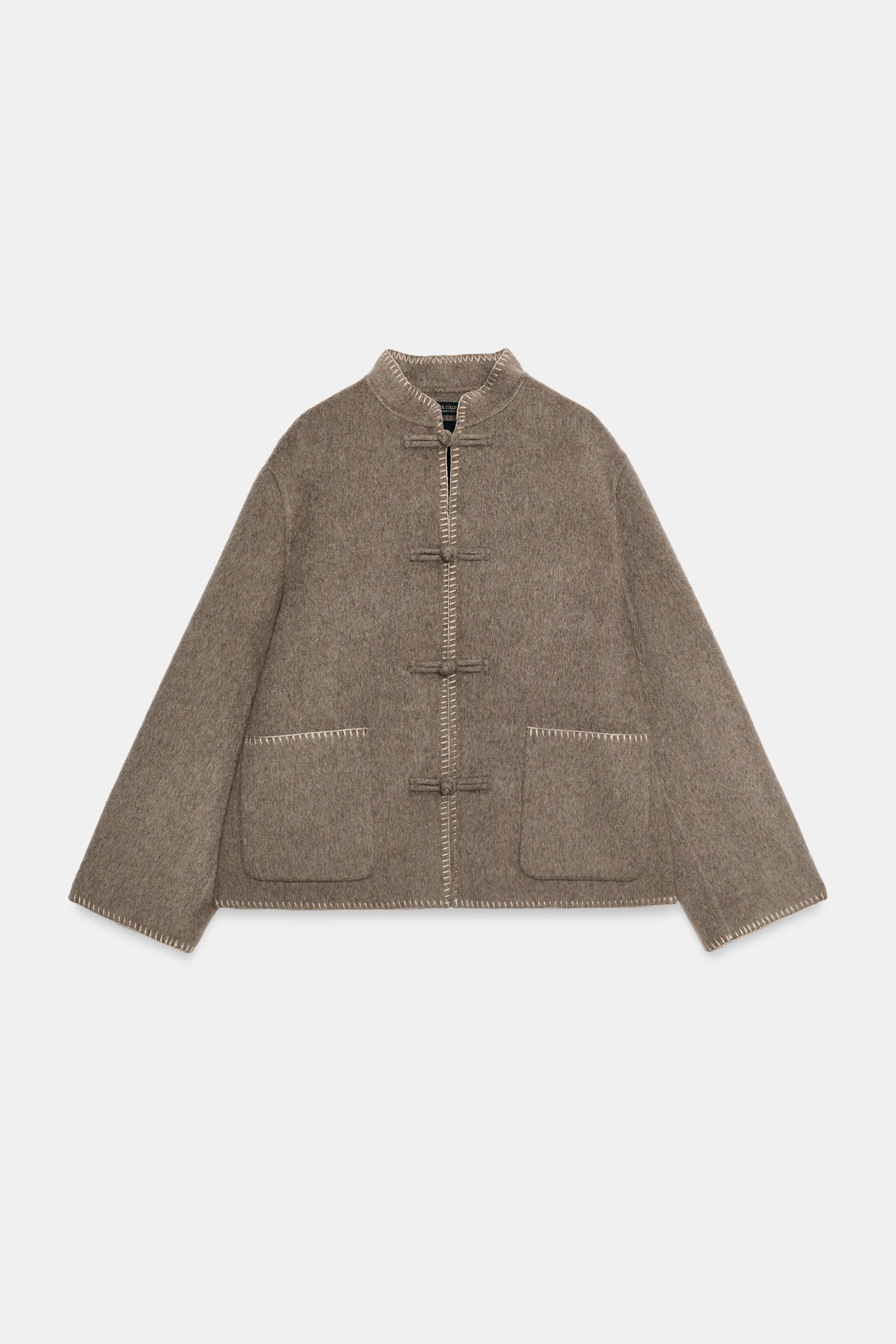 Zw Collection Wool Blend Frog Fastening Jacket - Brown / Taupe - Xs