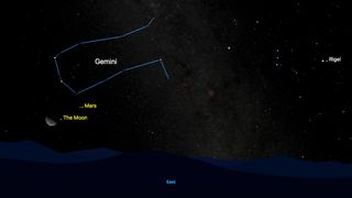 night sky graphic showing the moon on the left with Mars just to the upper right corner of the moon, the duo sit beneath the Gemini constellation.