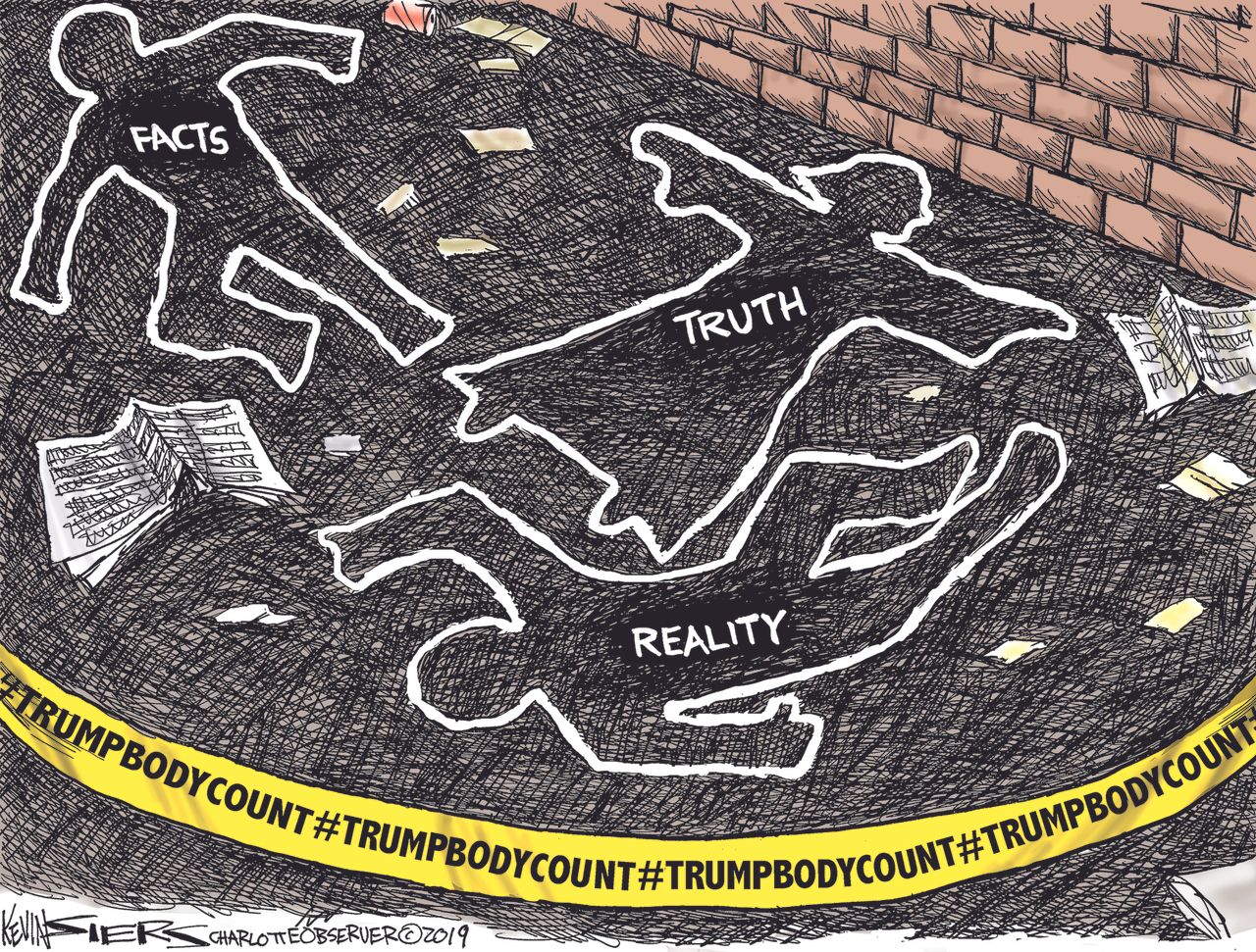 Political Cartoon U.S. Trump Body Count Murder of Facts Truth and Reality