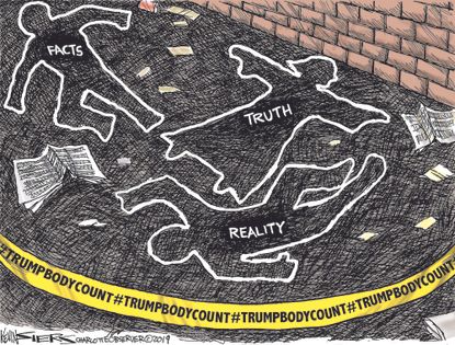 Political Cartoon U.S. Trump Body Count Murder of Facts Truth and Reality