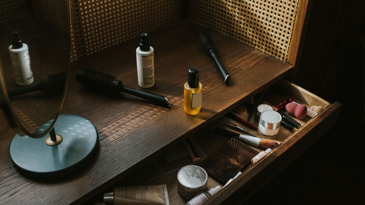 Beauty insider products on a dressing table