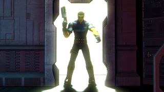 Man with gun in doorway.