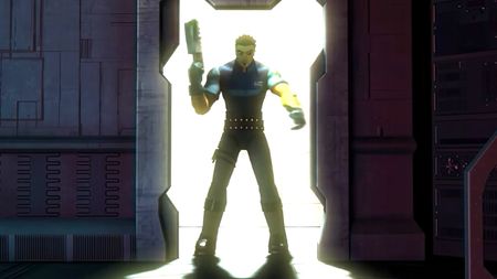 Man with gun in doorway.