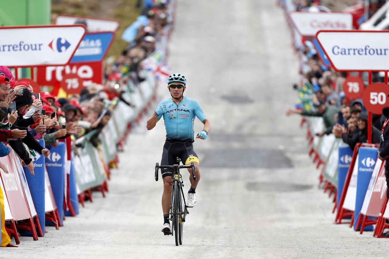 Miguel Angel Lopez rolling down the finishing straight on stage 11 of the Vuelta a Espa&ntilde;a