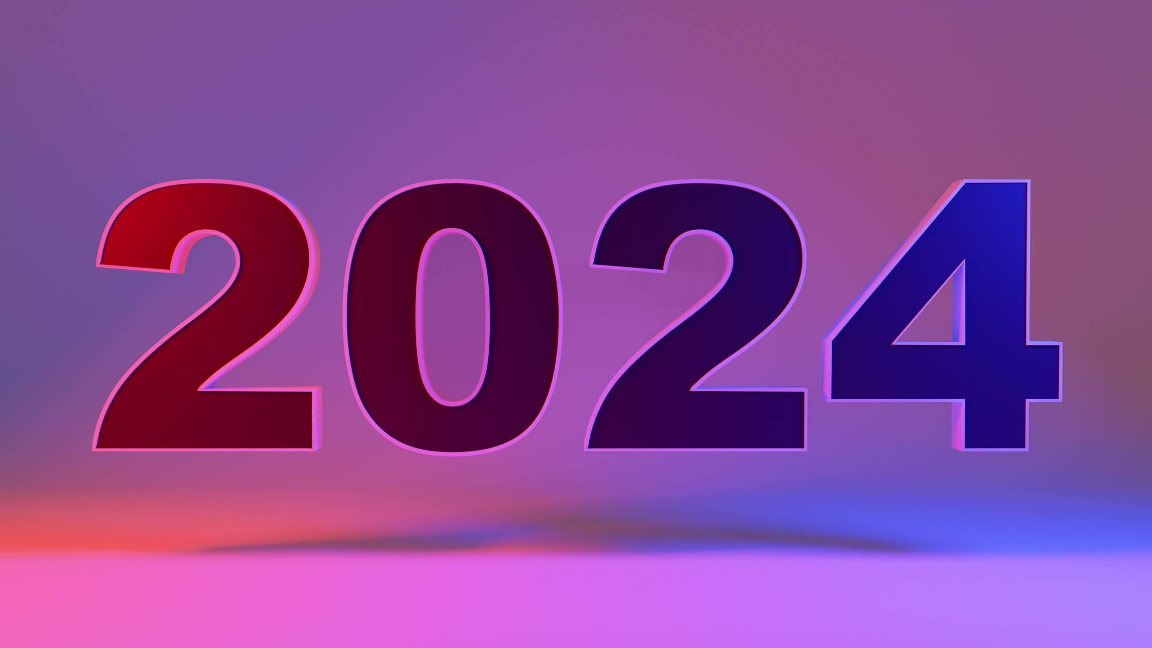 Front view of the year 2024 number floating in a rendered image with purple background