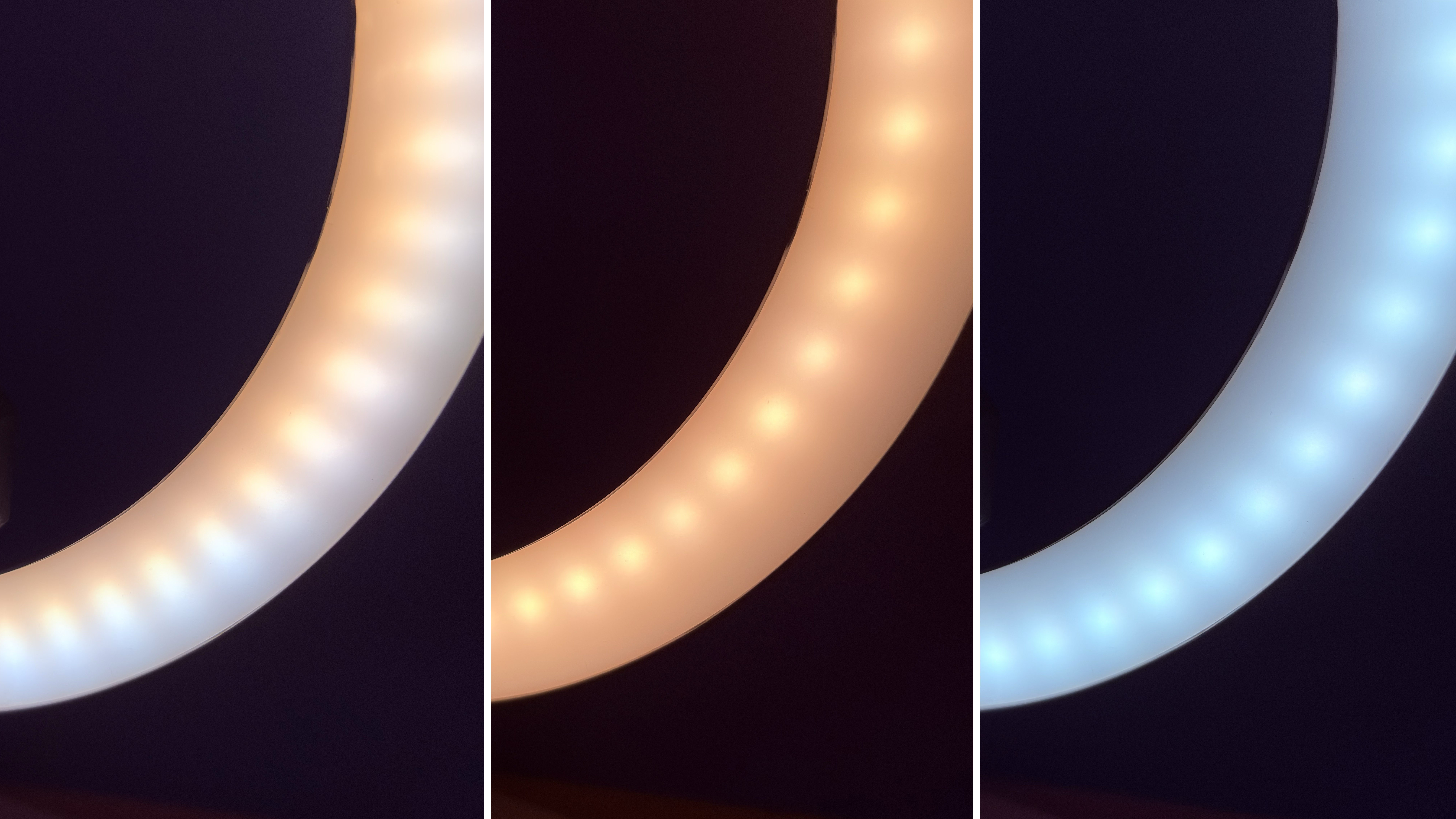 Side-by-side comparison of a section of the ring light showing the mix of warm and cool LEDs, then a warm setting, then a cool setting.