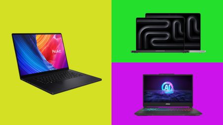 Three brands of laptops configured in three differently coloured rectangles. 