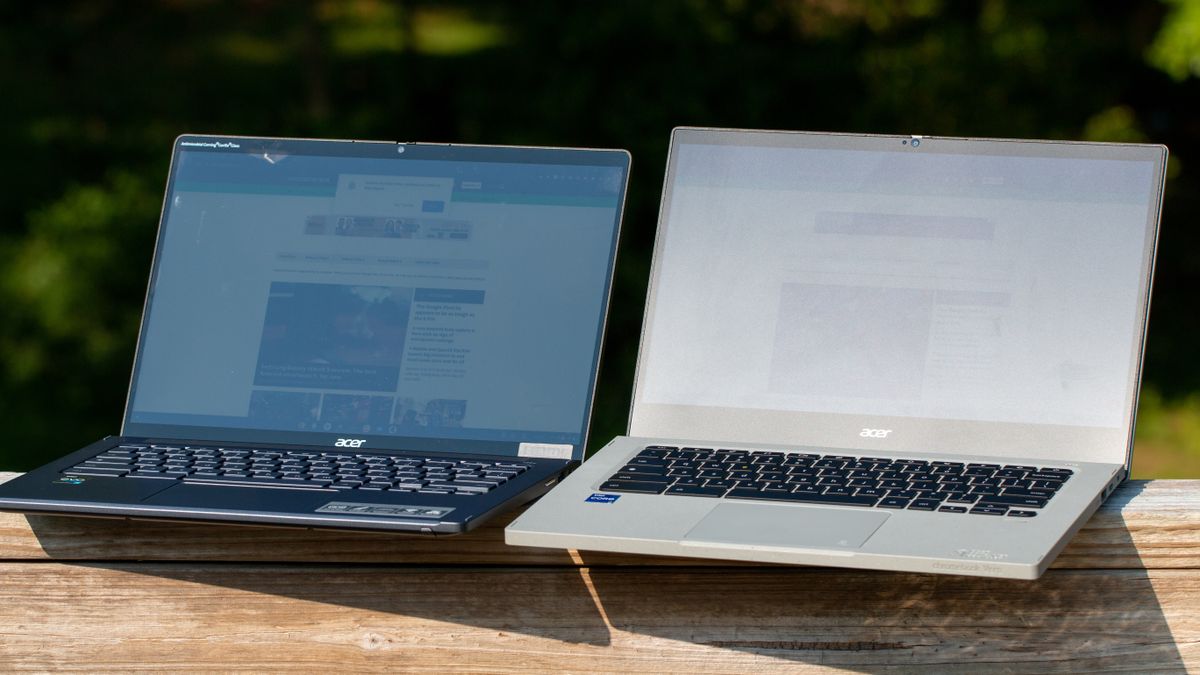 Acer Chromebook Vero 514 next to Acer Chromebook Spin 714 in direct sunlight