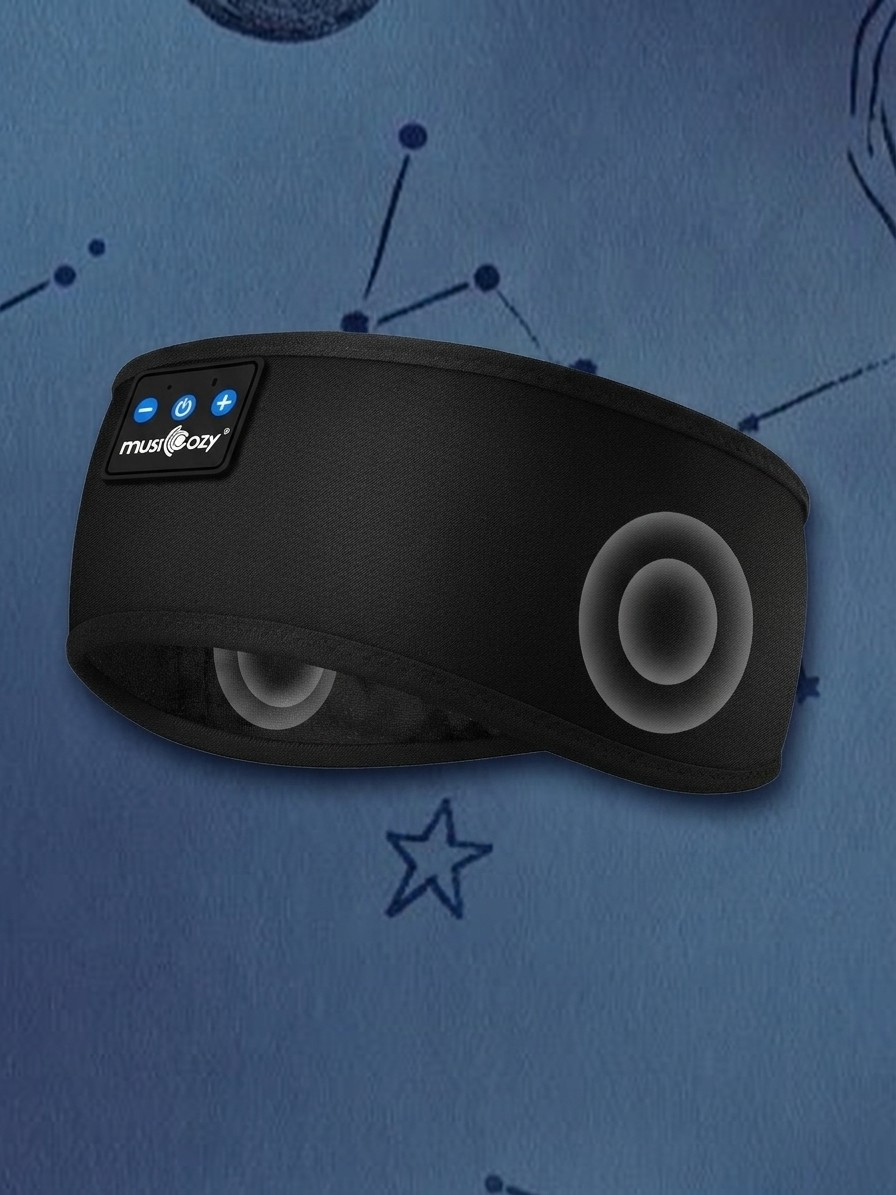 The MUSICOZY Bluetooth Sleep Headband against a blue background of stars, edited by Gemini